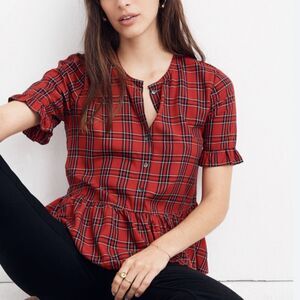 Madewell Plaid Red Ruffle Button Down Top Blouse XS